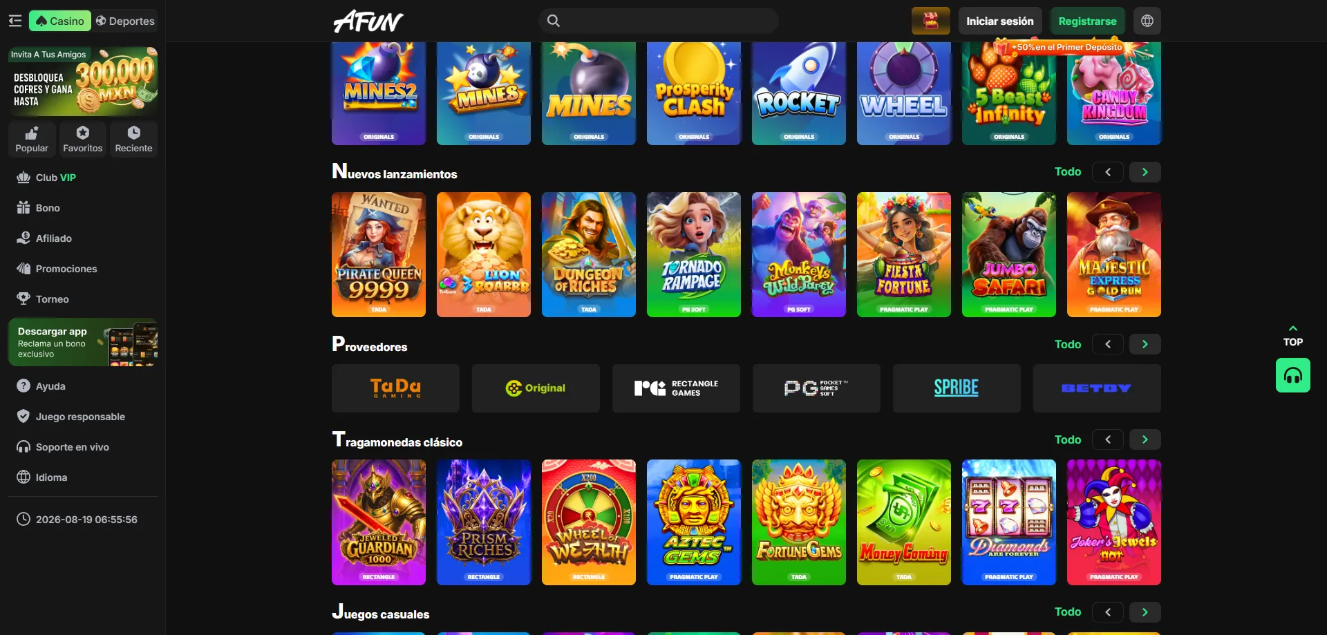 Juegos de casino y slots en la app de AFUN Casino México