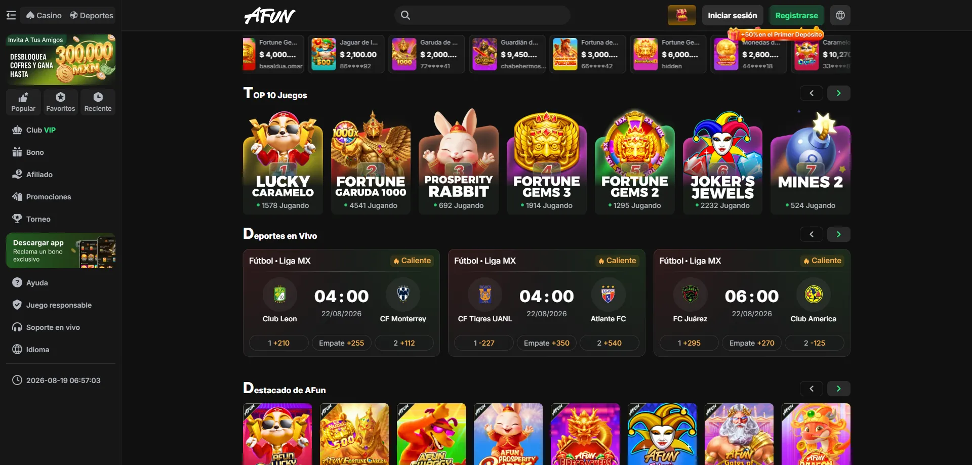 Apuestas deportivas en la app móvil de AFUN Casino México